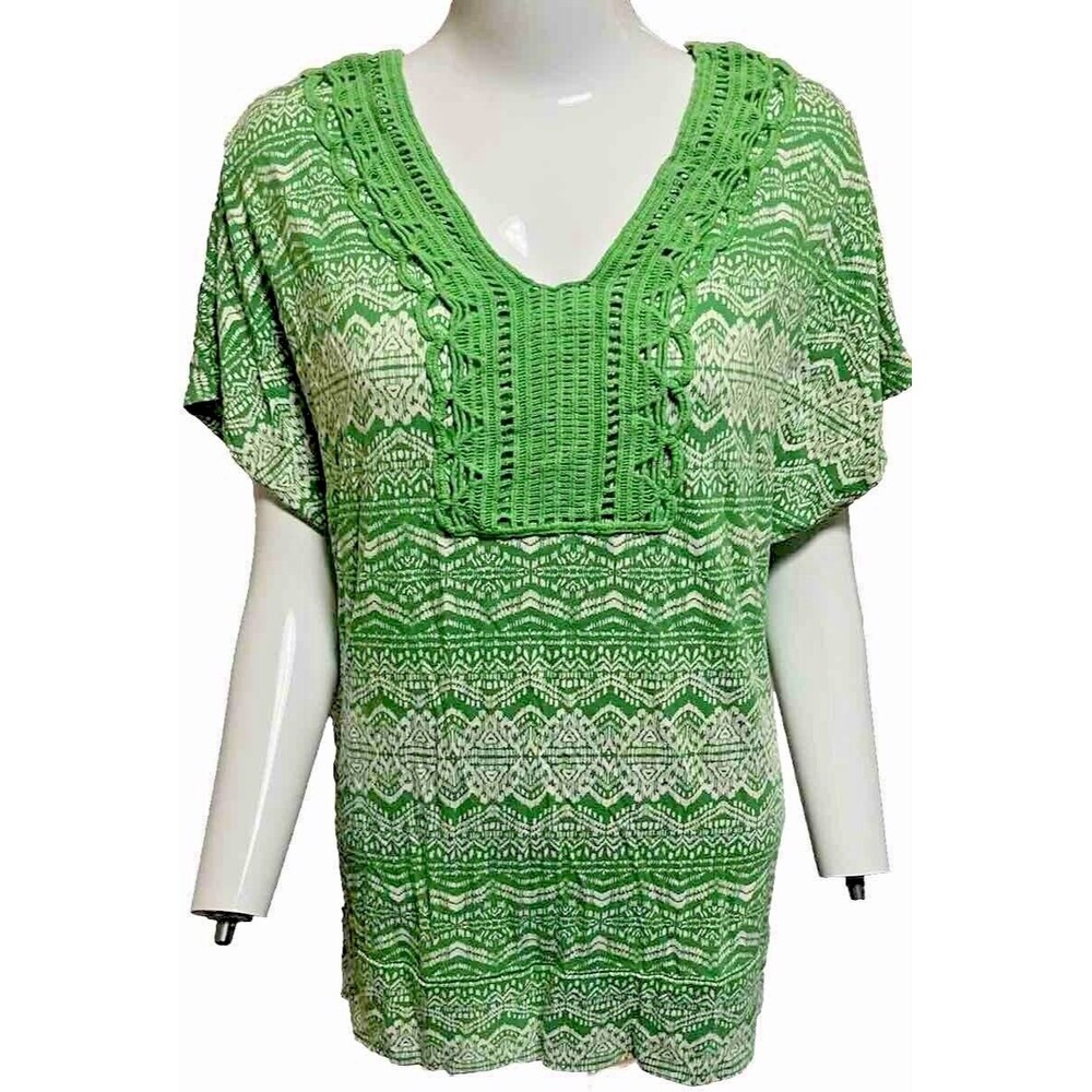 Chaus Top Short Sleeve Crochet Blouse Green White Medium Boho Hippie Festival